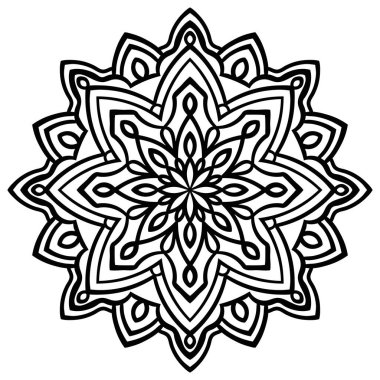 Siyah çizgili çiçek mandala. Klasik dekoratif unsur. Süslü, yuvarlak karalama çiçeği beyaz arka planda izole edilmiş. Geometrik daire elementi. Vektör illüstrasyonu.
