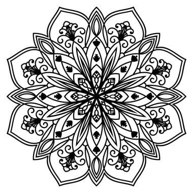 Siyah çizgili çiçek mandala. Klasik dekoratif unsur. Süslü, yuvarlak karalama çiçeği beyaz arka planda izole edilmiş. Geometrik daire elementi. Vektör illüstrasyonu.