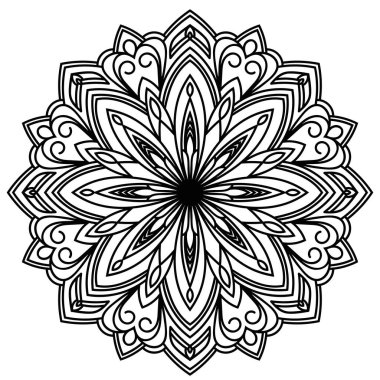 Siyah çizgili çiçek mandala. Klasik dekoratif unsur. Süslü, yuvarlak karalama çiçeği beyaz arka planda izole edilmiş. Geometrik daire elementi. Vektör illüstrasyonu.