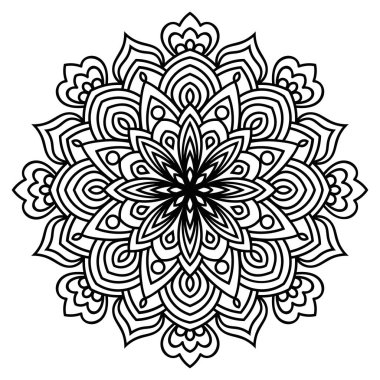 Siyah çizgili çiçek mandala. Klasik dekoratif unsur. Süslü, yuvarlak karalama çiçeği beyaz arka planda izole edilmiş. Geometrik daire elementi. Vektör illüstrasyonu.