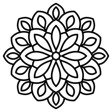Süslü, yuvarlak karalama çiçeği beyaz arka planda izole edilmiş. Siyah hatlı mandala. Geometrik daire elementi. Vektör illüstrasyonu.