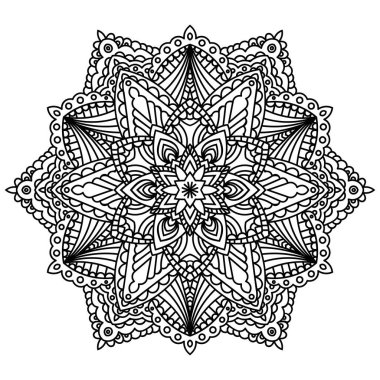 Mandala beyaz arka planda izole edildi. Süslü siyah karalama çiçeği beyaz arka planda izole edilmiş. Siyah hatlı mandala. Geometrik daire elementi. Vektör illüstrasyonu.
