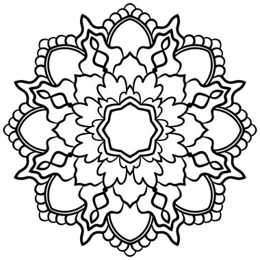 Beyaz arka planda izole edilmiş siyah, yuvarlak karalama çiçeği. Ana hatlarıyla Mandala. Geometrik daire elementi. Vektör illüstrasyonu.