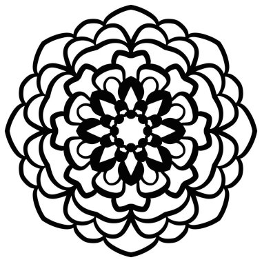 Beyaz arka planda izole edilmiş siyah, yuvarlak karalama çiçeği. Ana hatlarıyla Mandala. Geometrik daire elementi. Vektör illüstrasyonu.