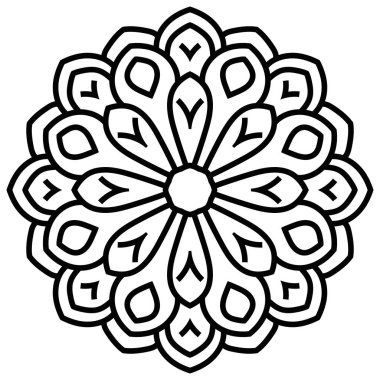 Beyaz arka planda izole edilmiş siyah, yuvarlak karalama çiçeği. Ana hatlarıyla Mandala. Geometrik daire elementi. Vektör illüstrasyonu.