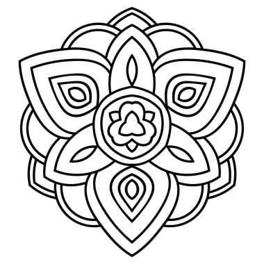 Ana hatlarıyla Mandala. Süslü, yuvarlak karalama çiçeği beyaz arka planda izole edilmiş. Geometrik daire elementi. Vektör illüstrasyonu. Mandala 'nın taslağı. Süslü, yuvarlak karalama çiçeği beyaz arka planda izole edilmiş. Geometrik daire elementi. Vektör illüstrasyonu.