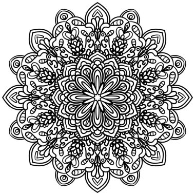 Ana hatlarıyla Mandala. Süslü, yuvarlak karalama çiçeği beyaz arka planda izole edilmiş. Geometrik daire elementi. Vektör illüstrasyonu.