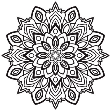 Mandala. Süslü, yuvarlak karalama çiçeği beyaz arka planda izole edilmiş. Geometrik daire elementi. Vektör illüstrasyonu.
