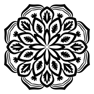 Ana hatlarıyla Mandala. Süslü, yuvarlak karalama çiçeği beyaz arka planda izole edilmiş. Geometrik daire elementi. Vektör illüstrasyonu.