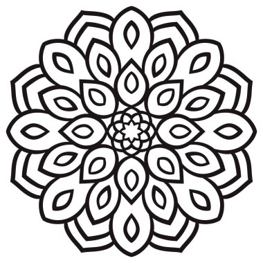 Ana hatlarıyla Mandala. Süslü, yuvarlak karalama çiçeği beyaz arka planda izole edilmiş. Geometrik daire elementi. Vektör illüstrasyonu.