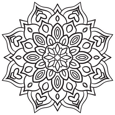 Ana hatlarıyla Mandala. Süslü, yuvarlak karalama çiçeği beyaz arka planda izole edilmiş. Geometrik daire elementi. Vektör illüstrasyonu.