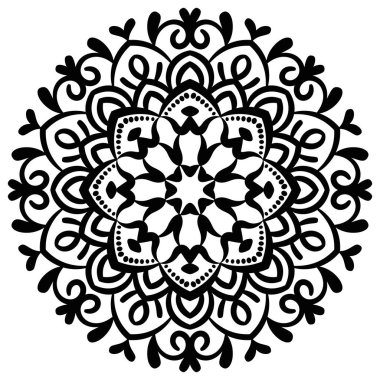 Ana hatlarıyla Mandala. Süslü, yuvarlak karalama çiçeği beyaz arka planda izole edilmiş. Geometrik daire elementi. Vektör illüstrasyonu.