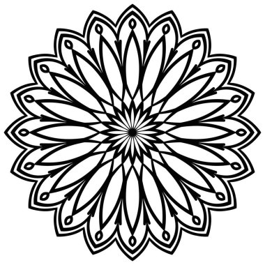 Ana hatlarıyla Mandala. Süslü, yuvarlak karalama çiçeği beyaz arka planda izole edilmiş. Geometrik daire elementi. Vektör illüstrasyonu.