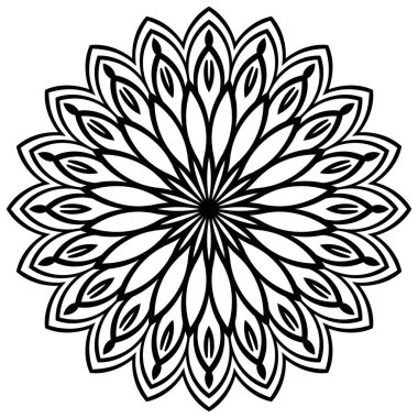 Ana hatlarıyla Mandala. Süslü, yuvarlak karalama çiçeği beyaz arka planda izole edilmiş. Geometrik daire elementi. Vektör illüstrasyonu.