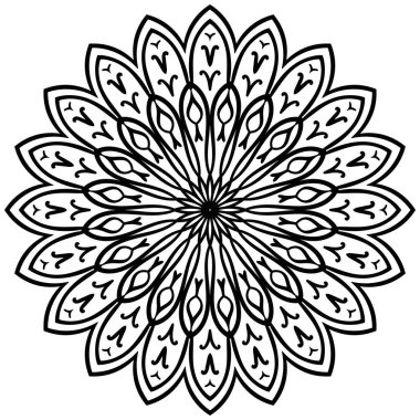 Ana hatlarıyla Mandala. Süslü, yuvarlak karalama çiçeği beyaz arka planda izole edilmiş. Geometrik daire elementi. Vektör illüstrasyonu.