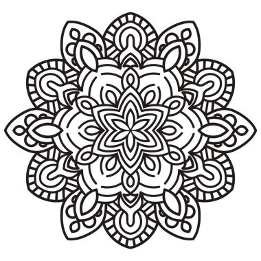Süslü, yuvarlak karalama çiçeği beyaz arka planda izole edilmiş. Siyah hatlı mandala. Geometrik daire elementi. Vektör illüstrasyonu.
