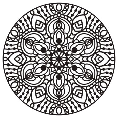 Süslü, yuvarlak karalama çiçeği beyaz arka planda izole edilmiş. Siyah hatlı mandala. Geometrik daire elementi. Vektör illüstrasyonu.