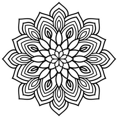 Süslü, yuvarlak karalama çiçeği beyaz arka planda izole edilmiş. Siyah hatlı mandala. Geometrik daire elementi. Vektör illüstrasyonu.