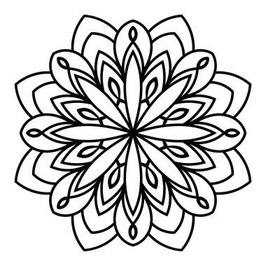 Süslü, yuvarlak karalama çiçeği beyaz arka planda izole edilmiş. Siyah hatlı mandala. Geometrik daire elementi. Vektör illüstrasyonu.