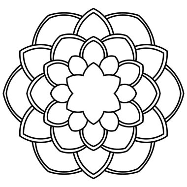 Süslü, yuvarlak karalama çiçeği beyaz arka planda izole edilmiş. Siyah hatlı mandala, çerçeve. Geometrik daire elementi. Vektör illüstrasyonu.