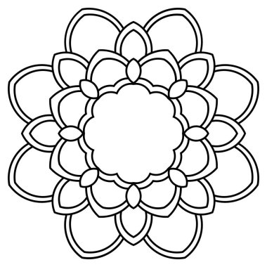 Süslü, yuvarlak karalama çiçeği beyaz arka planda izole edilmiş. Siyah hatlı mandala, çerçeve. Geometrik daire elementi. Vektör illüstrasyonu.