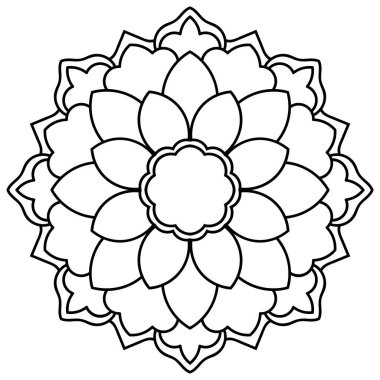Süslü, yuvarlak karalama çiçeği beyaz arka planda izole edilmiş. Siyah hatlı mandala, çerçeve. Geometrik daire elementi. Vektör illüstrasyonu.