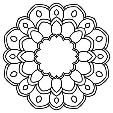 Süslü, yuvarlak karalama çiçeği beyaz arka planda izole edilmiş. Siyah hatlı mandala, çerçeve. Geometrik daire elementi. Vektör illüstrasyonu.