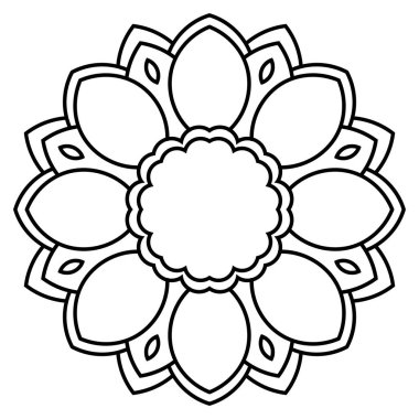 Süslü, yuvarlak karalama çiçeği beyaz arka planda izole edilmiş. Siyah hatlı mandala, çerçeve. Geometrik daire elementi. Vektör illüstrasyonu.