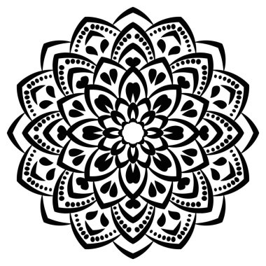 Süslü, yuvarlak karalama çiçeği beyaz arka planda izole edilmiş. Siyah hatlı mandala. Geometrik daire elementi. Vektör illüstrasyonu.