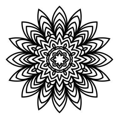 Süslü, yuvarlak karalama çiçeği beyaz arka planda izole edilmiş. Siyah hatlı mandala. Geometrik daire elementi. Vektör illüstrasyonu.
