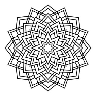 Süslü, yuvarlak karalama çiçeği beyaz arka planda izole edilmiş. Siyah hatlı mandala. Geometrik daire elementi. Vektör illüstrasyonu.