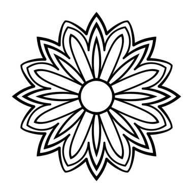 Süslü, yuvarlak karalama çiçeği beyaz arka planda izole edilmiş. Siyah hatlı mandala. Geometrik daire elementi. Vektör illüstrasyonu.