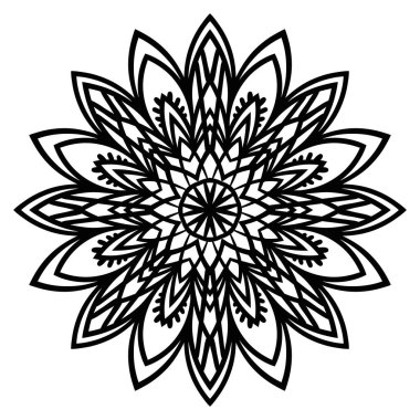 Süslü, yuvarlak karalama çiçeği beyaz arka planda izole edilmiş. Siyah hatlı mandala. Geometrik daire elementi. Vektör illüstrasyonu.