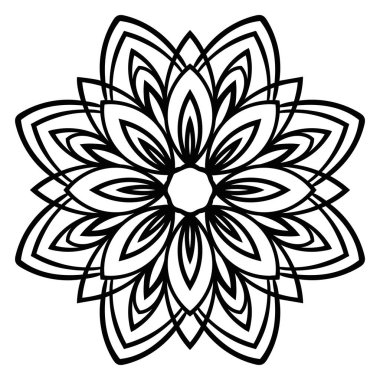Süslü, yuvarlak karalama çiçeği beyaz arka planda izole edilmiş. Siyah hatlı mandala. Geometrik daire elementi. Vektör illüstrasyonu.
