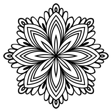 Süslü, yuvarlak karalama çiçeği beyaz arka planda izole edilmiş. Siyah hatlı mandala. Geometrik daire elementi. Vektör illüstrasyonu.