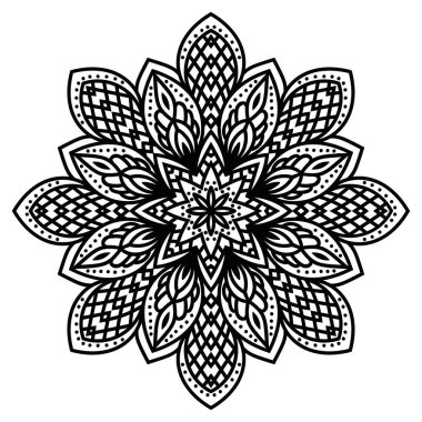 Süslü, yuvarlak karalama çiçeği beyaz arka planda izole edilmiş. Siyah hatlı mandala. Geometrik daire elementi. Vektör illüstrasyonu.