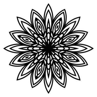 Süslü, yuvarlak karalama çiçeği beyaz arka planda izole edilmiş. Siyah hatlı mandala. Geometrik daire elementi. Vektör illüstrasyonu.