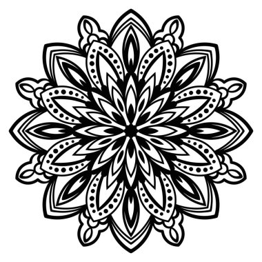 Süslü, yuvarlak karalama çiçeği beyaz arka planda izole edilmiş. Siyah hatlı mandala. Geometrik daire elementi. Vektör illüstrasyonu.