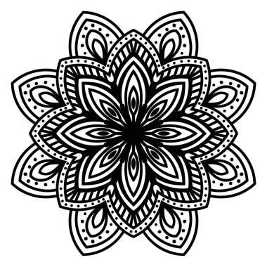 Süslü, yuvarlak karalama çiçeği beyaz arka planda izole edilmiş. Siyah hatlı mandala. Geometrik daire elementi. Vektör illüstrasyonu.