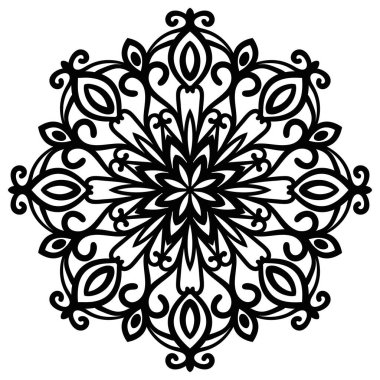 Süslü, yuvarlak karalama çiçeği beyaz arka planda izole edilmiş. Siyah hatlı mandala. Geometrik daire elementi. Vektör illüstrasyonu.