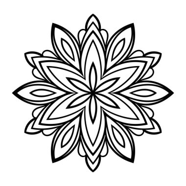 Süslü, yuvarlak karalama çiçeği beyaz arka planda izole edilmiş. Siyah hatlı mandala. Geometrik daire elementi. Vektör illüstrasyonu.