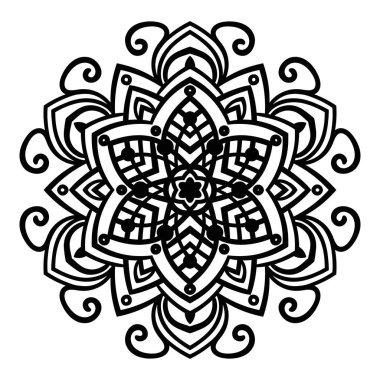 Süslü, yuvarlak karalama çiçeği beyaz arka planda izole edilmiş. Siyah hatlı mandala. Geometrik daire elementi. Vektör illüstrasyonu.
