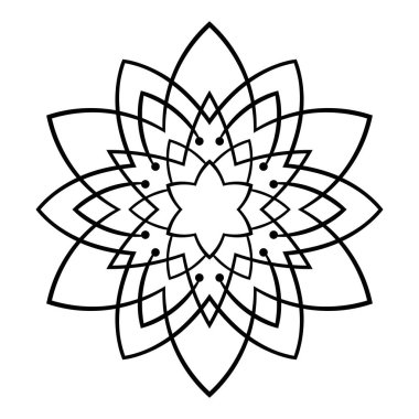Siyah çizgili çiçek mandala. Klasik dekoratif unsur. Süslü, yuvarlak karalama çiçeği beyaz arka planda izole edilmiş. Geometrik daire elementi. Vektör illüstrasyonu.