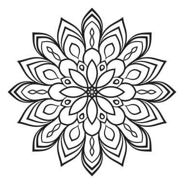 Beyaz arka planda izole edilmiş siyah, yuvarlak karalama çiçeği. Ana hatlarıyla Mandala. Geometrik daire elementi. Vektör illüstrasyonu.    