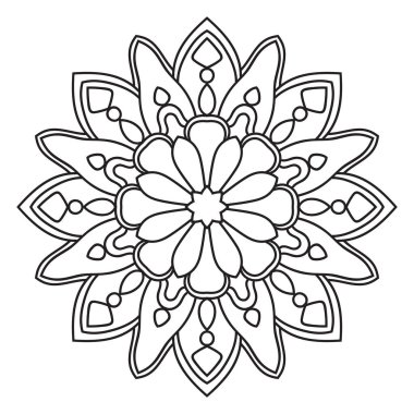 Beyaz arka planda izole edilmiş siyah, yuvarlak karalama çiçeği. Ana hatlarıyla Mandala. Geometrik daire elementi. Vektör illüstrasyonu.    