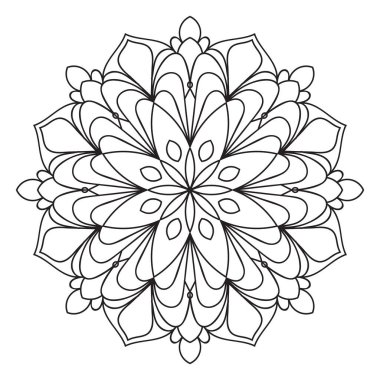 Beyaz arka planda izole edilmiş siyah, yuvarlak karalama çiçeği. Ana hatlarıyla Mandala. Geometrik daire elementi. Vektör illüstrasyonu.    