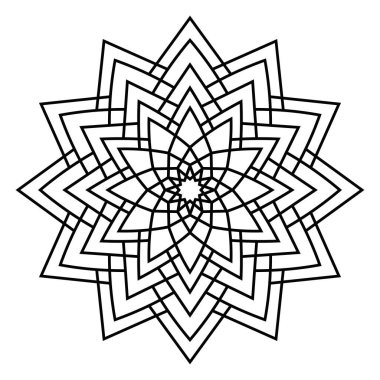 Mandala beyaz arka planda izole edildi. Süslü siyah karalama çiçeği beyaz arka planda izole edilmiş. Siyah hatlı mandala. Geometrik daire elementi. Vektör illüstrasyonu.