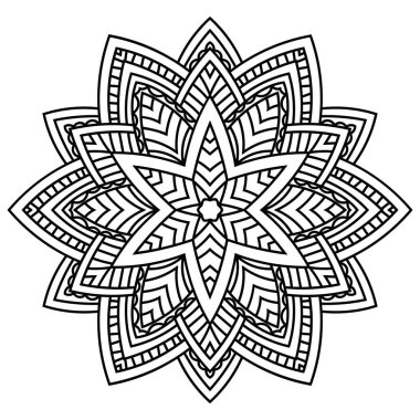 Mandala beyaz arka planda izole edildi. Süslü siyah karalama çiçeği beyaz arka planda izole edilmiş. Siyah hatlı mandala. Geometrik daire elementi. Vektör illüstrasyonu.