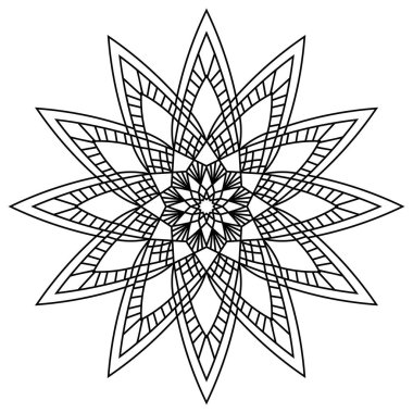 Mandala beyaz arka planda izole edildi. Süslü siyah karalama çiçeği beyaz arka planda izole edilmiş. Siyah hatlı mandala. Geometrik daire elementi. Vektör illüstrasyonu.