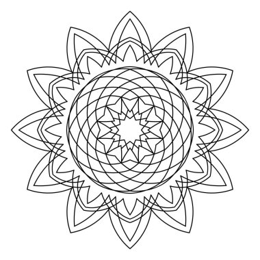 Mandala beyaz arka planda izole edildi. Süslü siyah karalama çiçeği beyaz arka planda izole edilmiş. Siyah hatlı mandala. Geometrik daire elementi. Vektör illüstrasyonu.